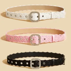 Women Sweet Lace Faux Leather Belt Rhinestone Square Pin Buckle Hollow Decorative Dress Waistband Accessories For Dress