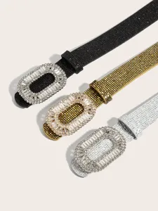 Women's sparkling rhinestone crystal buckle belt stylish black gold silver fashion waist accessory