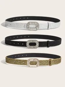 Rhinestone buckle glitter belt detail, shiny sequin wide waist accessory for women.
