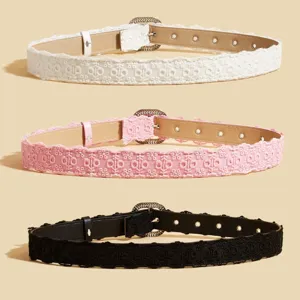 Women lace decorative waist belt sweet style PU leather adjustable dress accessories 3 colors