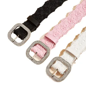 Women rhinestone buckle lace belt stylish black pink white dress waist accessory chic