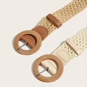 Dames geweven stro riem vintage ronde gesp jurk decoratieve tailleband mode accessoire