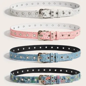 Ceinture pour Femme Vintage Américain Patchwork en Jean Paillettes Brillantes Ceinture Décorative Avec Oeillets d'Étoile Boucle à Ardillon en Métal Y2K Street Décontracté