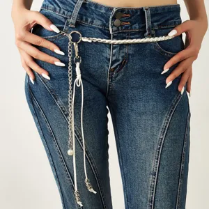 Fashion Metal Waist Chain Belt For Women Thin PU Leather Woven Chain With Artificial Pearl Pendants Elegant Dress Suit Accessory