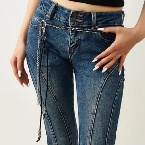 Metal waist chain detailed design, fashion accessory for women, stylish streetwear style.