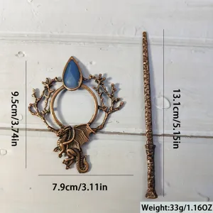 Detailed view of the vintage dragon hair stick and moonstone shawl pin with size dimensions.