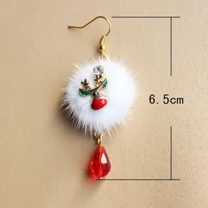 Christmas deer plush drop earrings with red crystal pendant, detailed size 6.5cm.