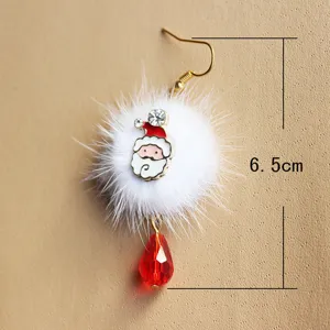 Christmas Santa plush crystal dangle earring detail view showcasing fluffy pom-pom design.