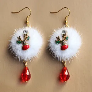 Christmas reindeer plush drop earrings with sparkling rhinestones and cute faux fur ball design.