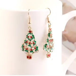 Christmas tree drop earrings detail view, festive rhinestone alloy jewelry item.