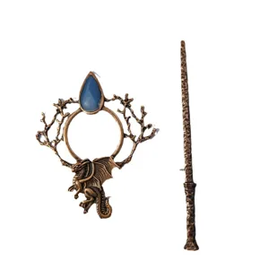 Vintage bronze dragon moonstone hairpin Nordic Viking shawl pin hair accessory gift