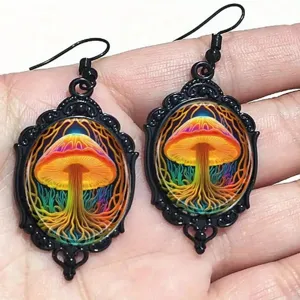 Gothic vintage style oval earrings featuring vibrant psychedelic mushroom cabochon art.