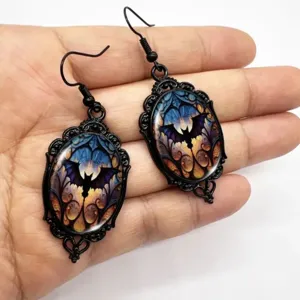 Vintage gothic oval bat earrings with stained glass design, perfect for halloween party.