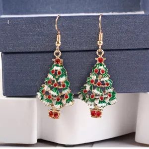 Christmas tree drop earrings with green enamel and red rhinestones holiday jewelry gift