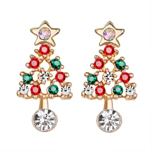 Christmas tree rhinestone earrings gold tone festive jewelry details for women and party