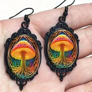 Gothic black metal oval dangle earrings with psychedelic colorful mushroom pattern for women.