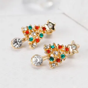 Gold-tone Christmas tree stud earrings with sparkling red, green and white rhinestones detail.