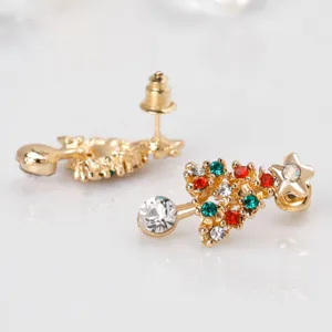 Christmas tree stud earrings with colorful rhinestones, gold tone holiday fashion jewelry.