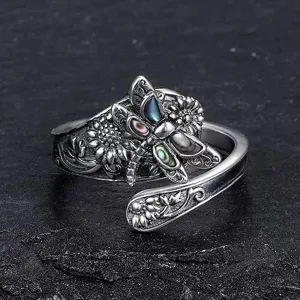 Vintage silver dragonfly sunflower wrap ring detail view, bohemian open aesthetic.