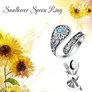Bohemian Vintage Sunflower Turquoise Open Ring For Women Retro Floral Alloy Adjustable Spoon Ring Jewelry Accessories Gift