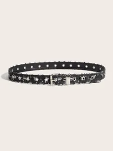 Cintura in denim nero stile punk con occhielli a stella e fibbia in metallo per jeans.