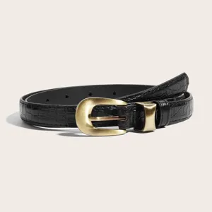 Cintura sottile da donna nera in ecopelle con fibbia dorata vintage per jeans e pantaloni