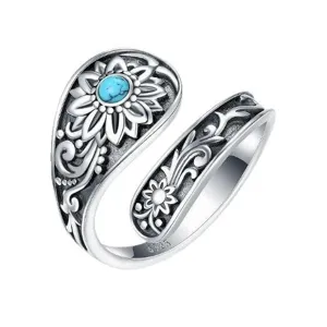 Bohemian vintage sunflower turquoise adjustable open ring for women, sterling silver finish.