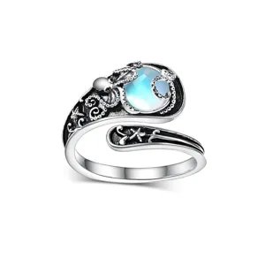 Detailed view of vintage octopus open ring with glowing moonstone, perfect for ocean jewelry fans.