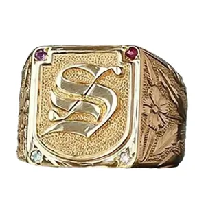 Vintage Gothic Letter S Signet Ring for Men Women Gold Plated Geometric Fashion Jewelry