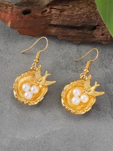 Goldene Schwalbe Vogelnest Perle Ohrringe, Wald Stil Boho Baumelnde Ohrringe fur Damen.