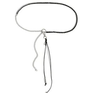 Stylish black leather and silver metal chain belt for women, trendy waist accessory.