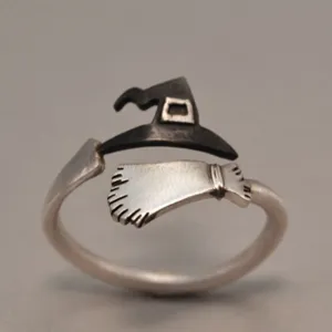Anello Aperto a Forma di Cappello da Strega e Scopa di Halloween Regolabile in Lega Gotico Punk Gioielli per Donna Festa