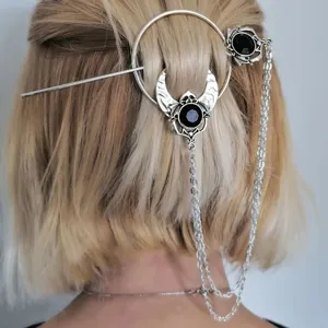 Pic à Cheveux Vintage Viking Croissant de Lune Métal Antique Argent Bronze Baguette de Sorcière Épingle Avec Chaîne Strass Bijoux Femme