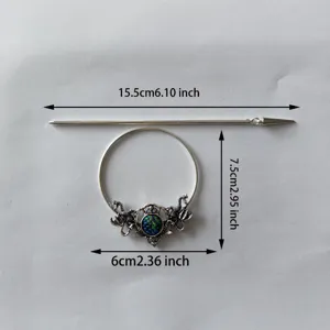 Vintage viking style metal hair pin and ring set with colorful dragon mermaid scale detail.