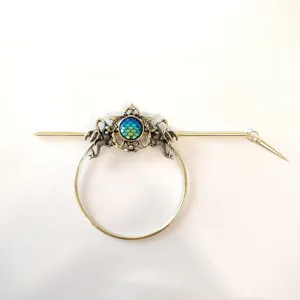 Vintage metal dragon hairpin with colorful scale cabochon and circular ring for women elegant hair.