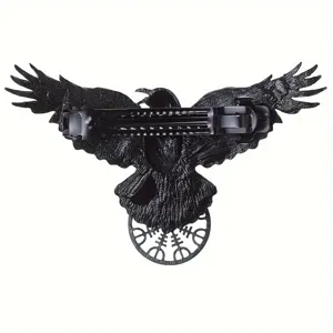 Gothic vintage black raven hair clip with Nordic runic symbol, unique retro viking style.