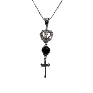 Gothic vintage silver cross necklace with black crystal pendant, stylish sweater chain