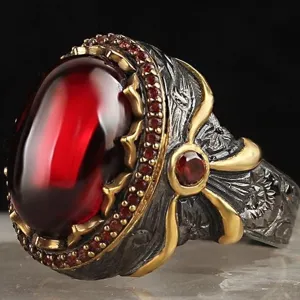 Vintage Palace Two-Tone Electroplated Alloy Ring Red Oval Ruby Glass Inlaid Rhinestone Engraved Floral Finger Ring For Women