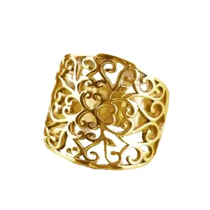 Retro hollow out wide gold ring, vintage bohemian style unisex statement jewelry.