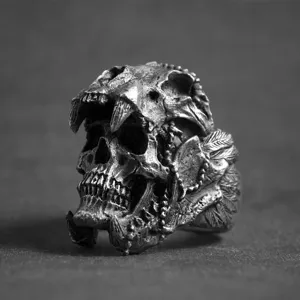 Vintage Punk Skull Ring For Men Gothic Beast Skull Alloy Ring Biker Style Finger Jewelry Gift Silver Color Retro Design
