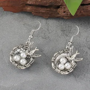 Antike silberne Schwalbe Vogelnest Perlen Ohrringe im Waldstil elegante Damen Schmuck Geschenk.