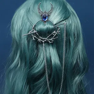 Silver vintage witch hairpin with blue rhinestone and chain, perfect for retro gothic hairstyles.