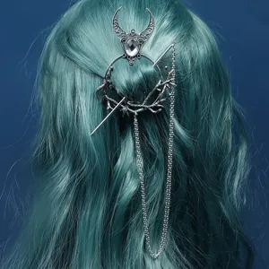 Gothic Witch Hair Pin Silver Crescent Moon Hair Fork Rhinestone Chain Hair Accessory
