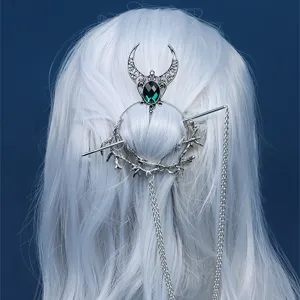 Vintage gothic silver hair fork with green rhinestone crescent moon and chain for women.