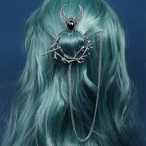 gothic vintage silver hair fork moon chain hair accessory aesthetic dark style hair pin