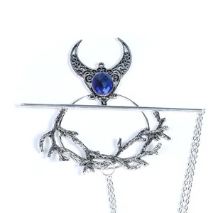Retro gothic witch moon branch hair stick with blue rhinestone and chains for women.