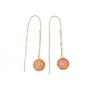 Long threader earrings with round orange druzy pendant, rose gold tone fashion jewelry.