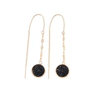 Elegant long gold chain earrings featuring black round druzy pendant stylish modern jewelry
