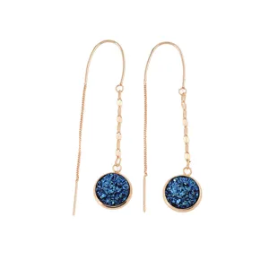 Elegant gold-plated long chain earrings featuring sparkling blue druzy round pendant design.
