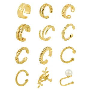 Minimalist Alloy U-Shaped Ear Cuffs For Non-Pierced Ears Geometric C-Shaped Hollow Artificial Pearl Rhinestone Leaf Ear Clips Trendy Women Jewelry